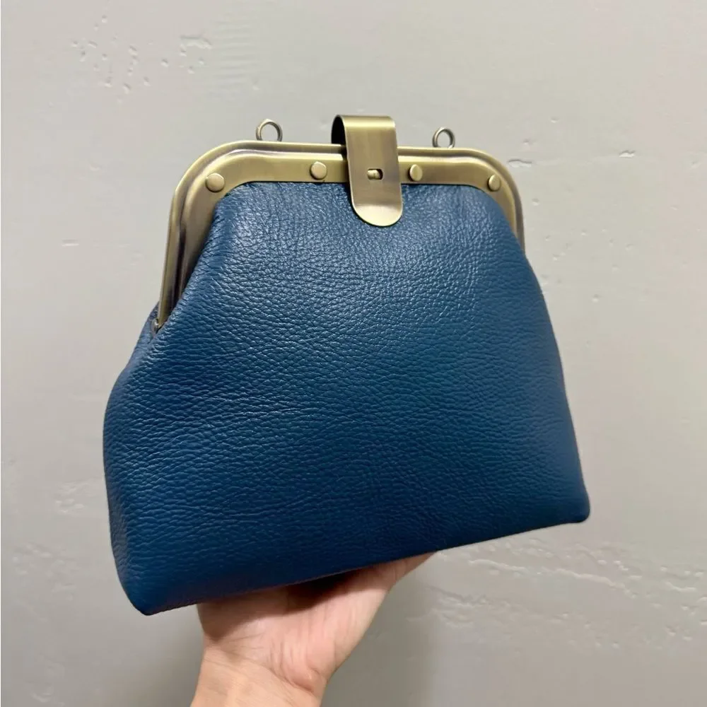 Blue Premium Pebble Leather Handmade Unique Rivet Metal Frame Handbag/Crossbody